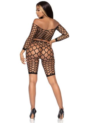 Leg Avenue Pothole Net Crop Top and Bike Shorts (2 piece) - O/S - Black