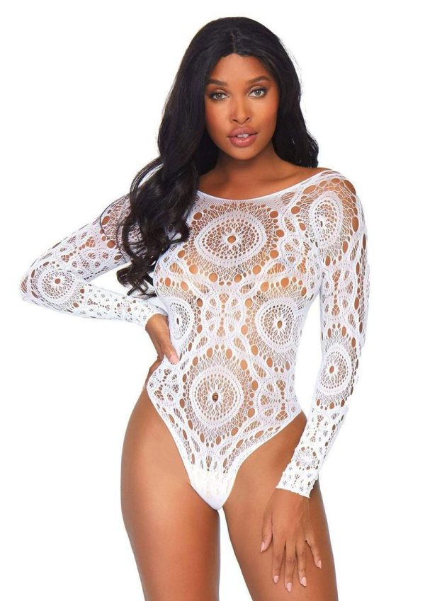 Leg Avenue Crochet Lace Long Sleeved Snap Crotch Thong Back Bodysuit  - Medium/Large - White