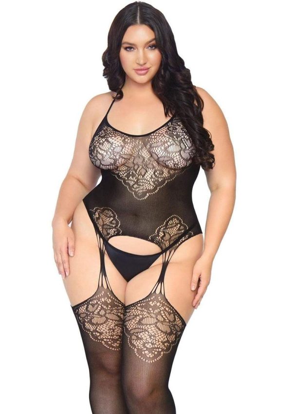 Leg Avenue Seamless Jacquard Lace Suspender Bodystocking - 1X-2X - Black