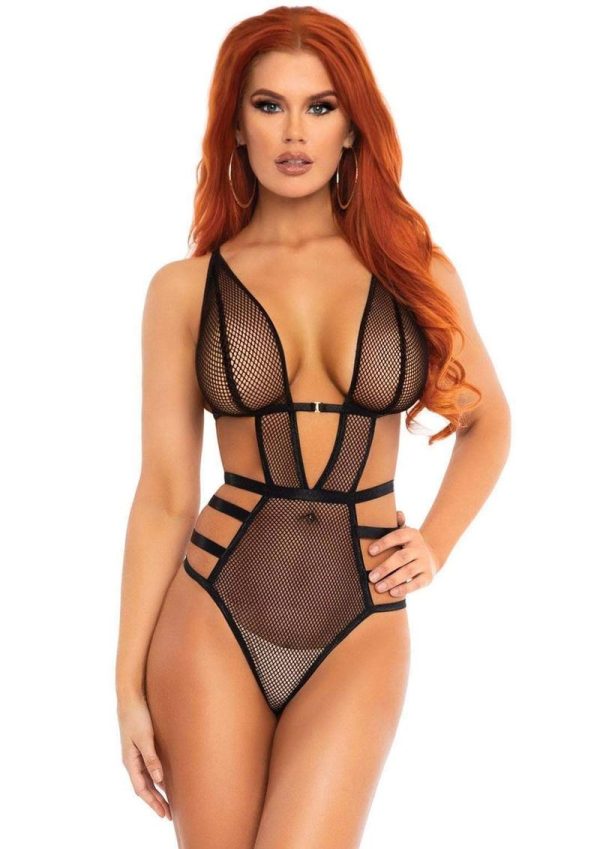 Leg Avenue Fishnet Cut Out Strappy G-String Teddy with Adjustable Straps - Small - Black