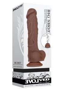 Big Shot Rechargeable Silicone Vibrating Squirting Dong with Balls 8in - Chocolate