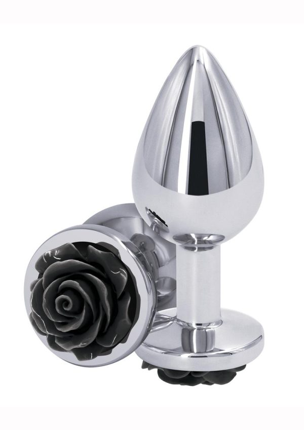 Rear Assets Rose Aluminum Anal Plug - Medium - Black/Silver