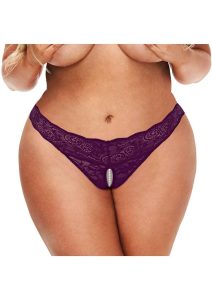 Secret Kisses Lace and Pearl Crotchless Thong - Queen - Purple