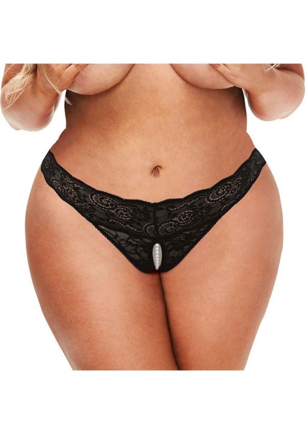 Secret Kisses Lace and Pearl Crotchless Thong - Queen - Black