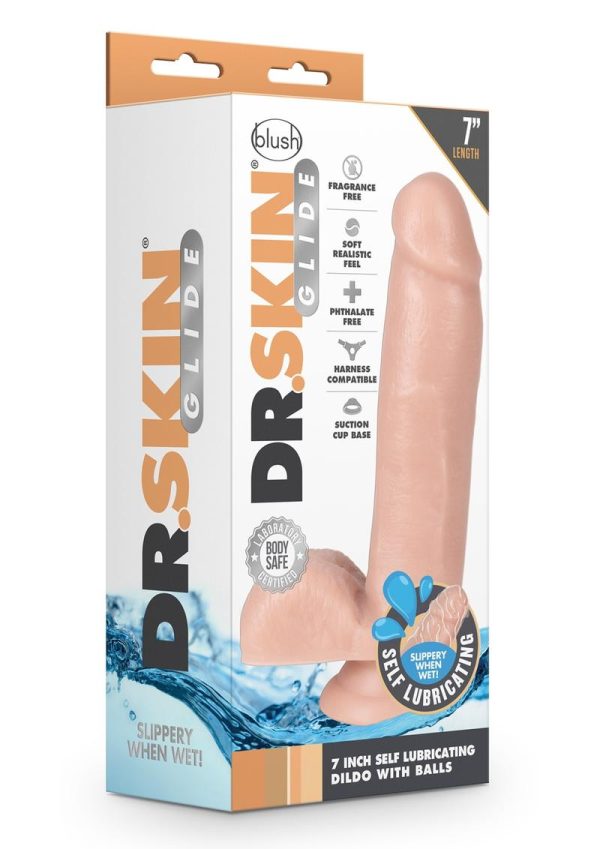 Dr. Skin Glide Gold Collection Self Lubricating Dildo with Balls 7in - Vanilla