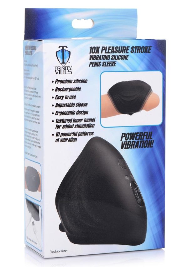 Trinity Men 10X Pleasure Stroke Penis Vibrating Silicone Sleeve - Black