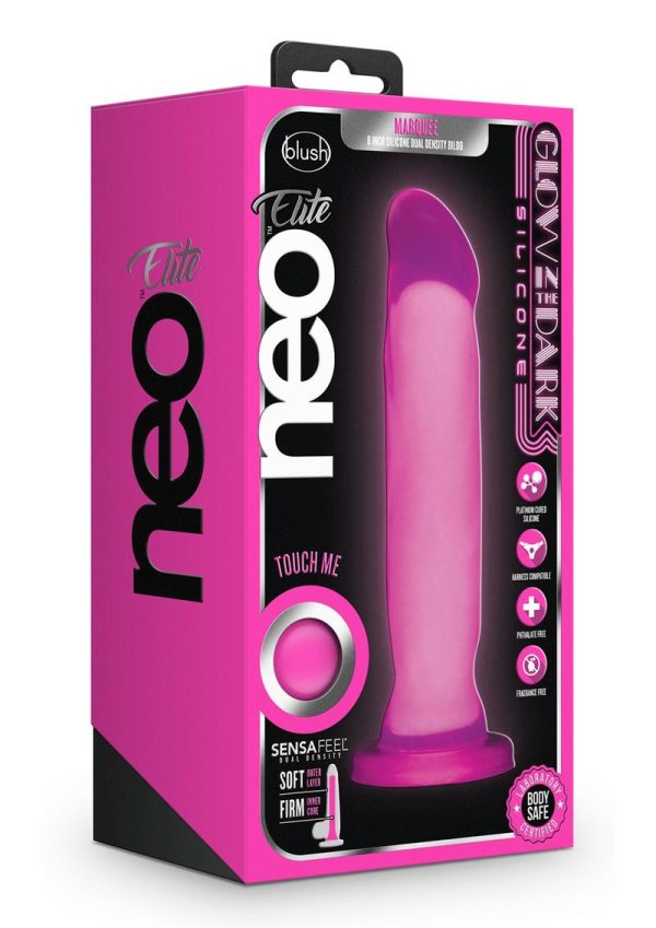 Neo Elite Glow In The Dark Marquee Silicone Dual Dense Dildo 8in - Neon Pink