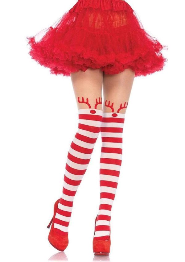 Leg Avenue Rudolph Reindeer Opaque Striped Pantyhose with Sheer Thigh High - O/S - Red/White