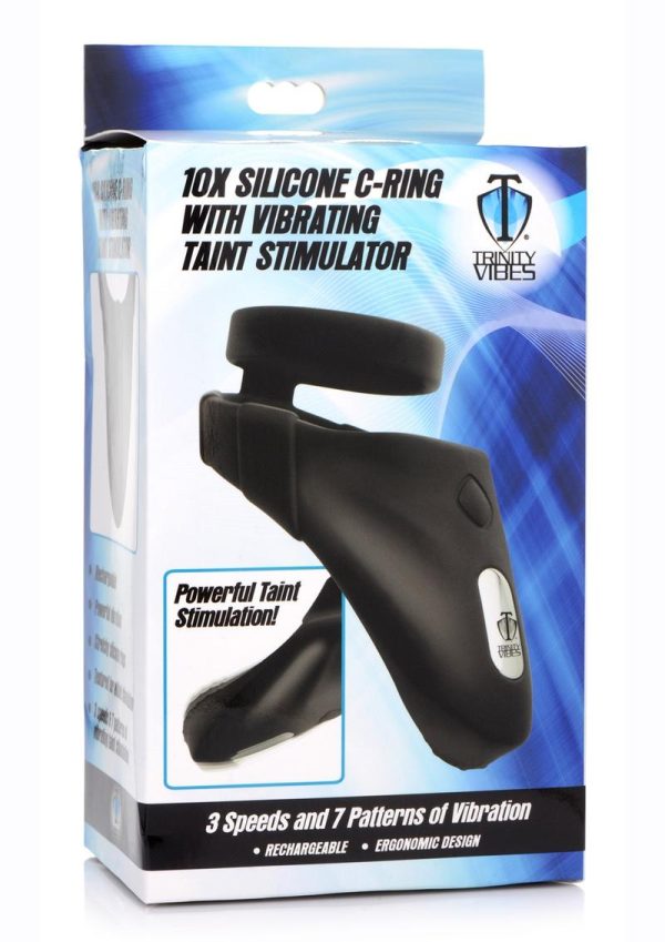 Trinity Men 10X Rechargeable Silicone Cock Ring with Vibrating Taint Stimulator - Black