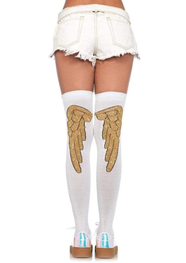 Leg Avenue Lurex Angel Wing Over The Knee Socks - O/S - White/Gold