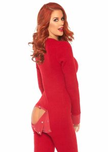 Leg Avenue Cozy Brushed Rib Long Johns with Cheeky Snap Closure Back Flap - XLarge - Red