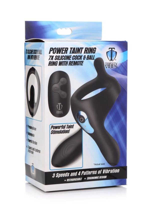 Trinity Men 7X Rechargeable Silicone Cock Ring with Taint Stimulator and Remote Control - Black