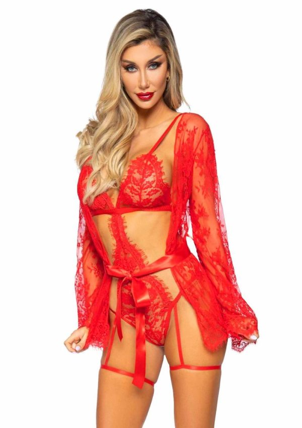 Lace Robe and Ribbon Tie (3 pieces) - Medium - Red