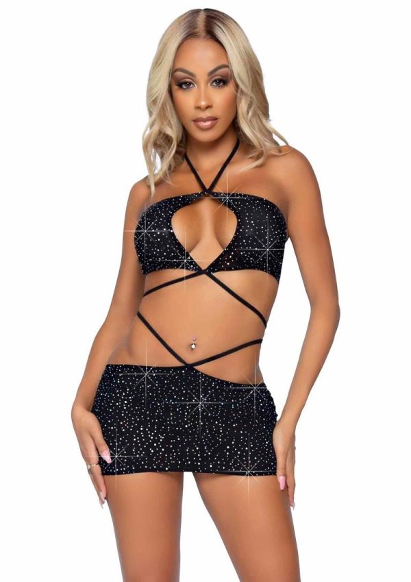 Leg Avenue Rhinestone Keyhole Bandeau Top and Low Rise Skirt with Waist Strap Detail (2 pieces) - Medium - Black