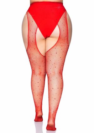 Leg Avenue Crystalized Fishnet Suspender Pantyhose - 1X/2X - Red