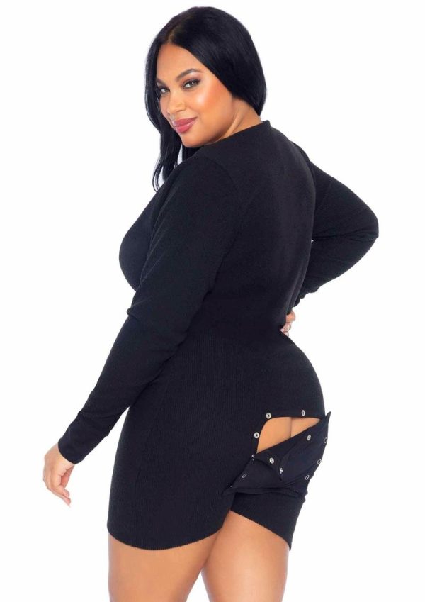 Leg Avenue Brushed Rib Romper Long Johns with Cheeky Snap Closure Back Flap - 3X/4X - Black