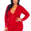 Leg Avenue Brushed Rib Romper Long Johns with Cheeky Snap Closure Back Flap - 1X/2X - Red