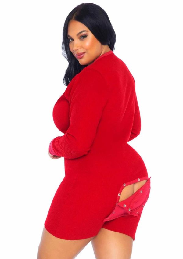 Leg Avenue Brushed Rib Romper Long Johns with Cheeky Snap Closure Back Flap - 3X/4X - Red