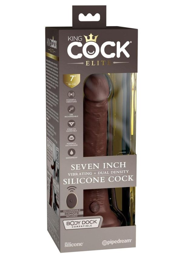 King Cock Elite Dual Density Vibrating Rechargeable Silicone with Remote Control Dildo 7in - Chocolate