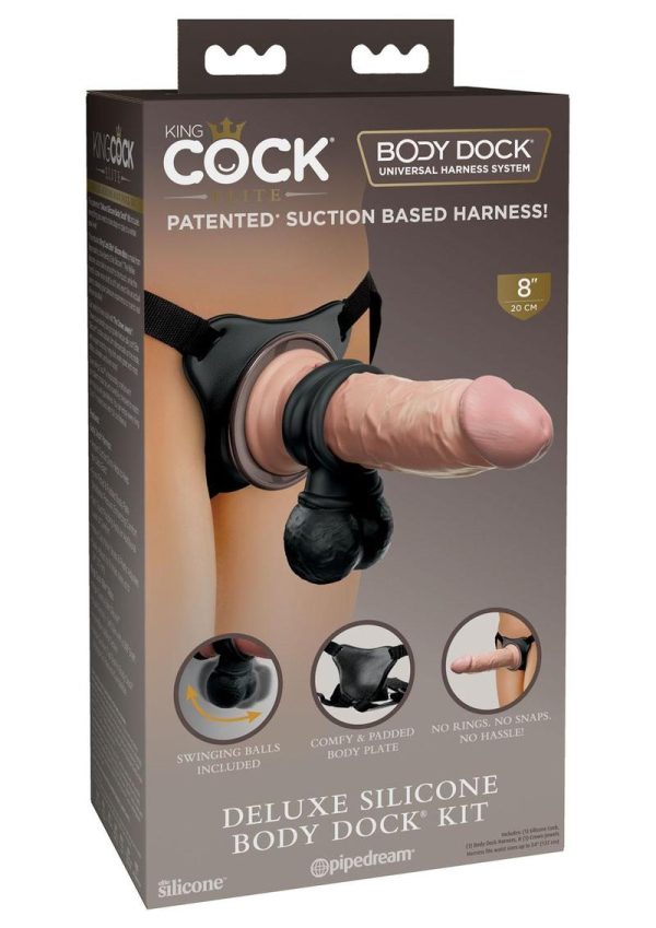 King Cock Deluxe Silicone Body Dock Strap-on Kit With Swinging Crown Jewels and Dildo 8in - Vanilla/Black