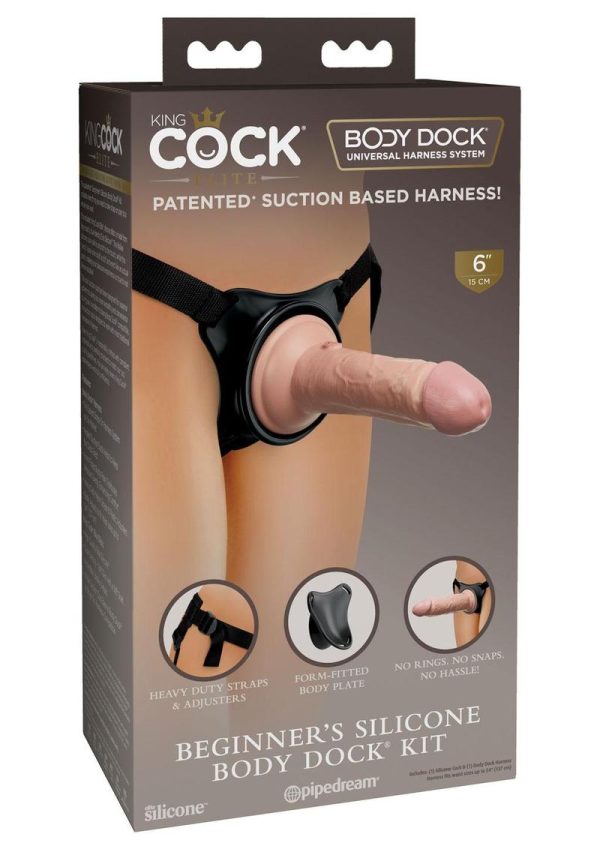 King Cock Beginner`s Silicone Body Dock Strap-on Kit with Dildo 6in - Vanilla/Black