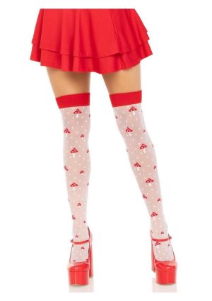 Leg Avenue Spandex Sheer Polka Dot Mushroom Thigh Highs - O/S - White/Red