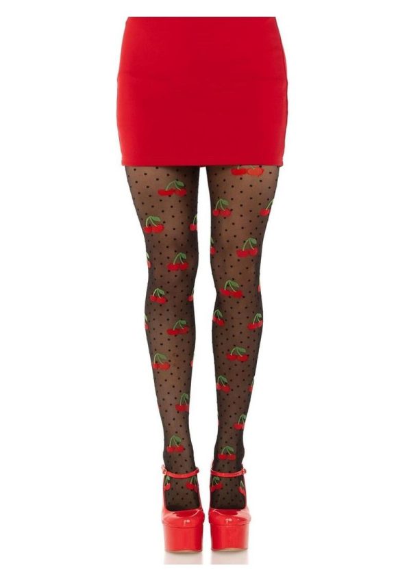 Leg Avenue Spandex Sheer Polka Dot Cherry Tights - O/S - Black