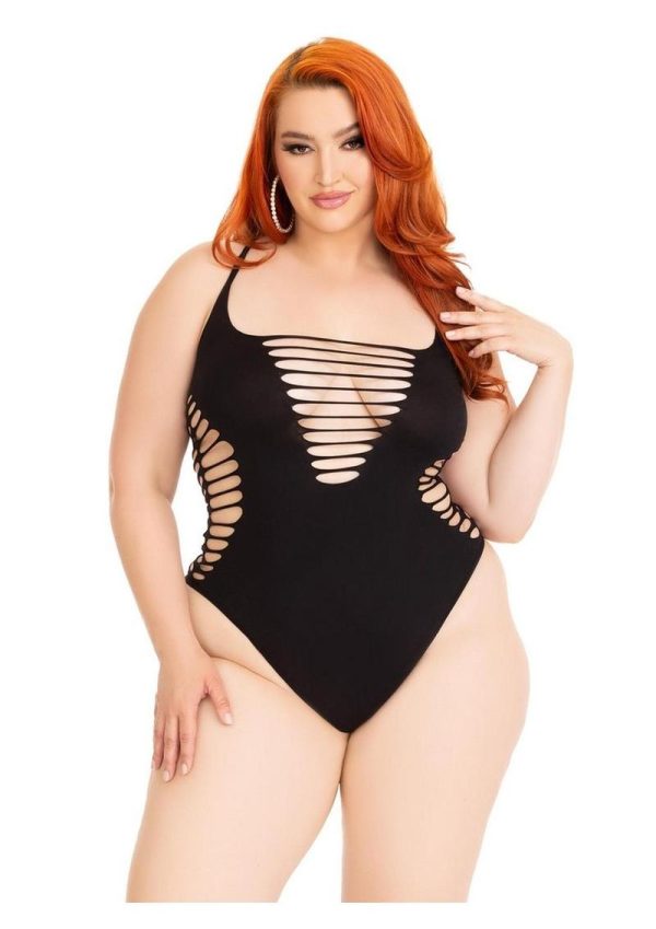 Leg Avenue Seamless Shredded Racer Back Thong Bodysuit - 1X-2X - Black