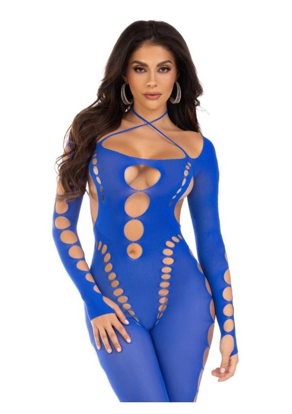 Leg Avenue Seamless Opaque Cut-Out Footless Bodystocking - O/S - Royal Blue