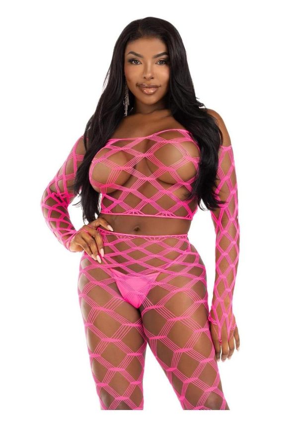 Leg Avenue Hardcore Net Crop Top and Footless Tights (2 Piece) - O/S - Neon Pink