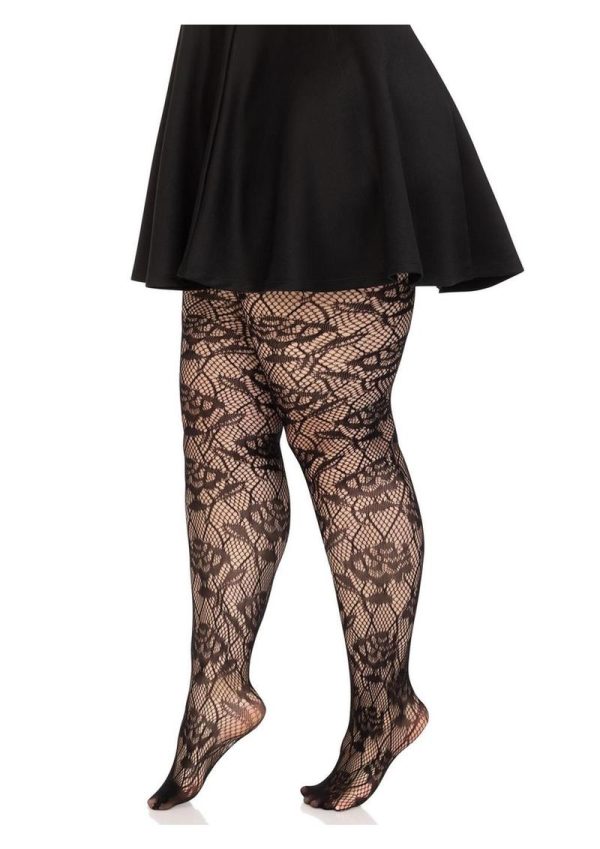 Wild Rose Net Tights - 1X-2X - Black