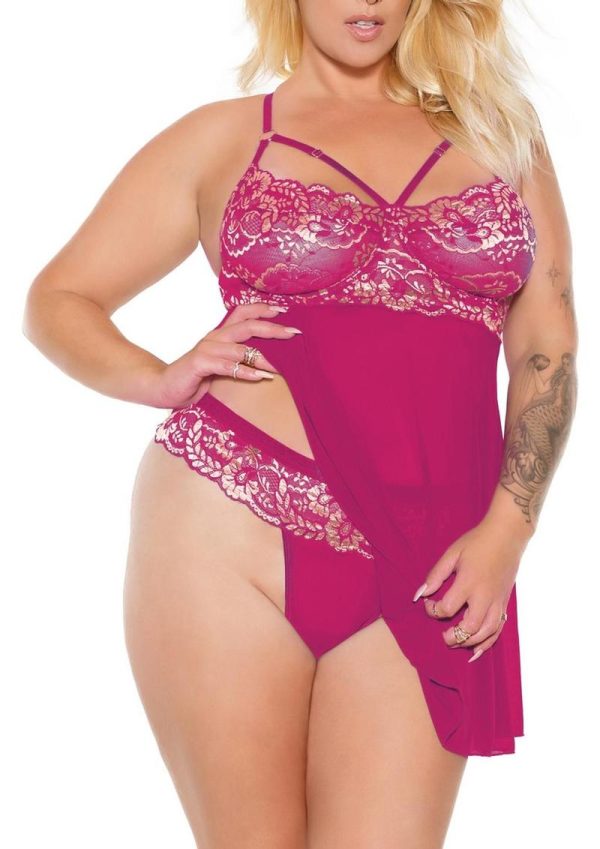 Pink Pussycat Babydoll and Thong - 1XLarge/ 2XLarge - Pink/Rose Gold