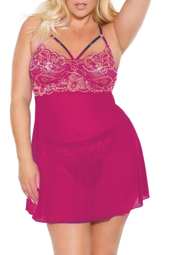 Pink Pussycat Babydoll and Thong - 3XLarge/ 4XLarge - Pink/Rose Gold