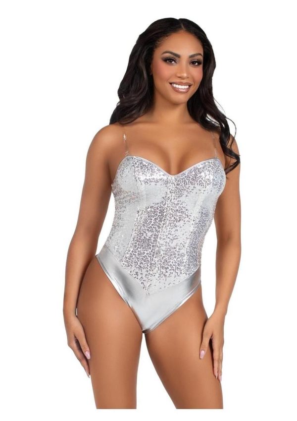 Leg Avenue Sequin Boned Snap Crotch Bodysuit with Detachable Clear Strap (2 Piece) - Medium - Silver