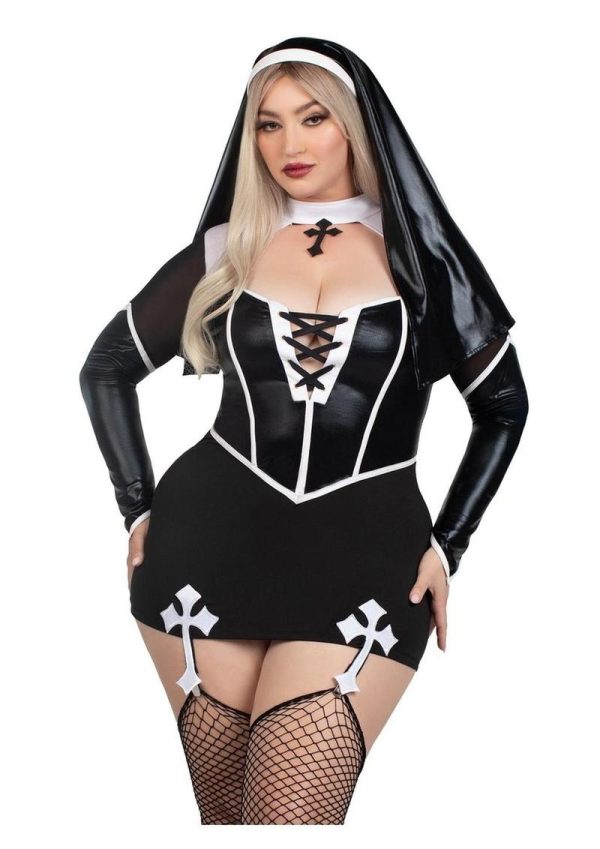 Leg Avenue Holy Hottie Set Boned Garter Dress with Cross Accents and Nun Habit (2 Piece) - 3X/4X- Black/White