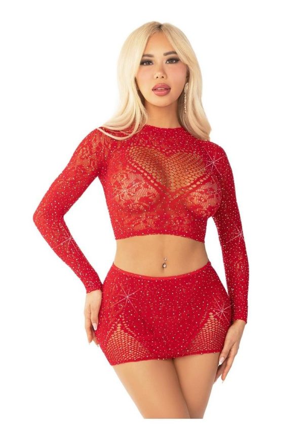 Leg Avenue Rhinestone Lace and Net Crop Top with Heart Keyhole Detail and Mini Skirt (2 Piece) - OS - Red