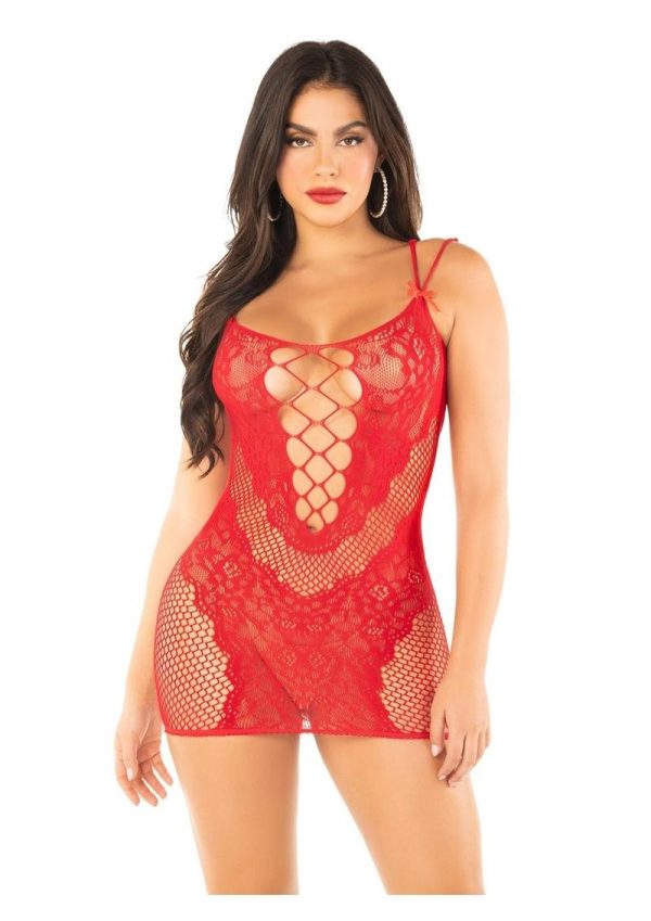 Leg Avenue Lace and Net Mini Dress with Dual Strap Detail - OS - Red