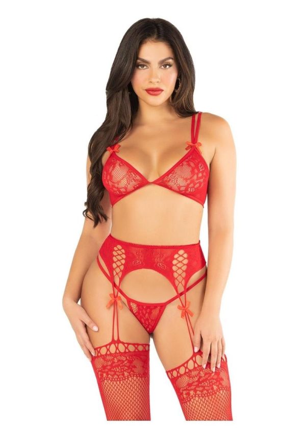 G-String Panty and Lace Top Garter Belt Stockings (3 Piece) - OS - Red