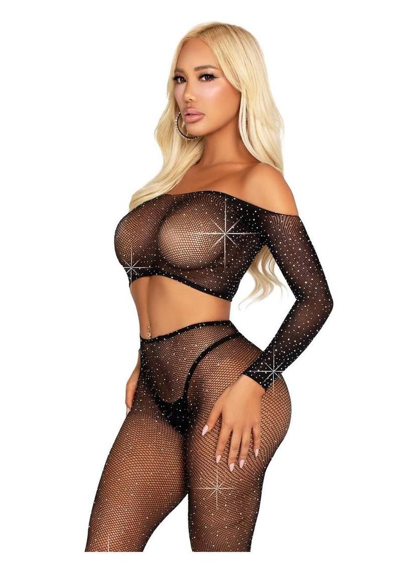 Leg Avenue Rhinestone Fishnet Crop Top and Footless Tights - Black - O/S