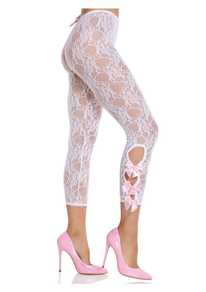 Leg Avenue Scalloped Trimmed Floral Lace Footless Capri Tights with Keyhole Bow Detail - White - O/S