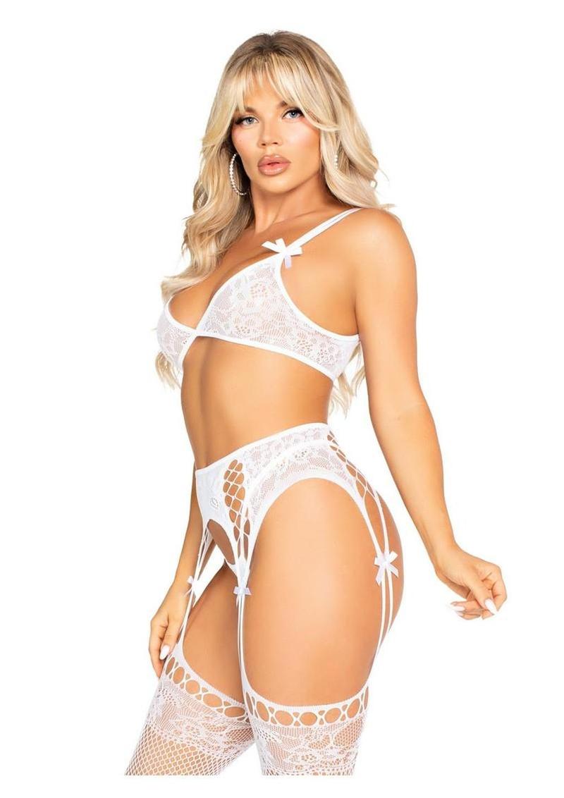 Leg Avenue Lace Bra Top with Dual Strap Detail G-String Panty and Lace Top Garter Belt Stockings - White - O/S