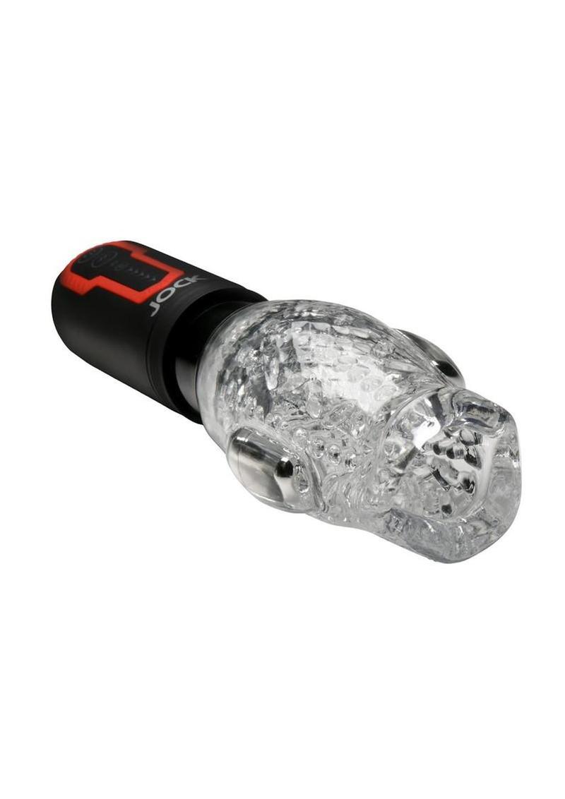 JOCK Spinning and Thrusting Rechargeable Masturbator with 2 Bullets - Mouth - Black/Clear
