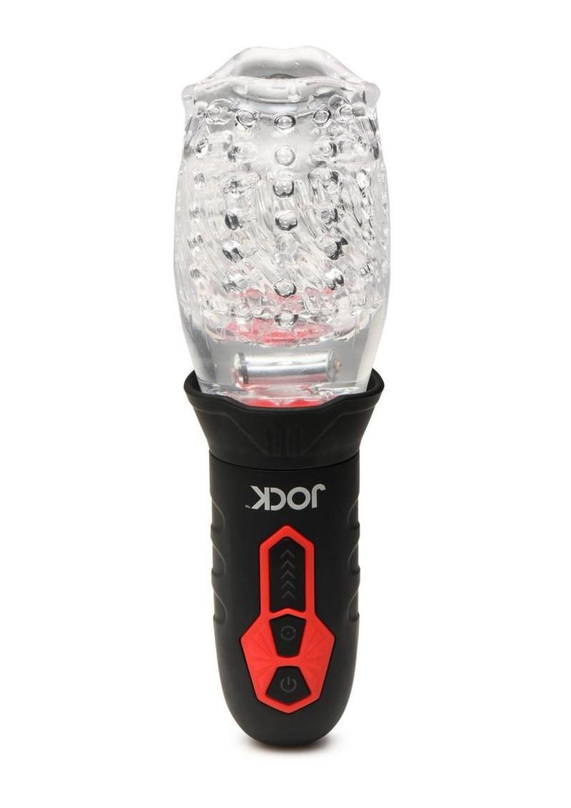 JOCK Spinning and Vibrating Rechargeable Masturbator - Mouth - Black/Clear