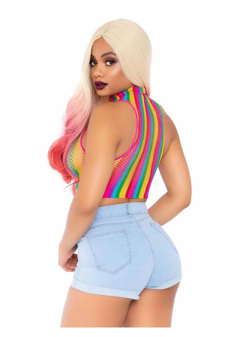 Leg Avenue Rainbow Net High Neck Crop Top - O/S