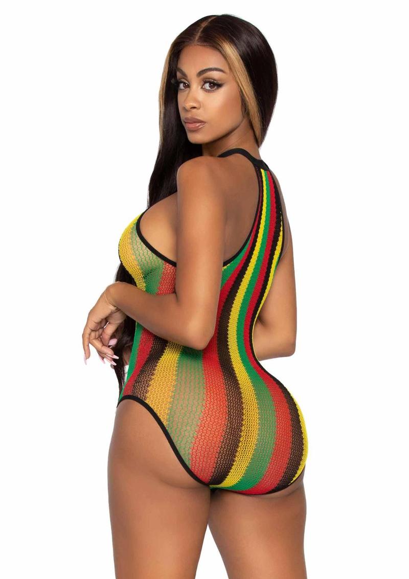 Leg Avenue Rasta Net Snap Crotch Racer Back Bodysuit - Multicolor - O/S