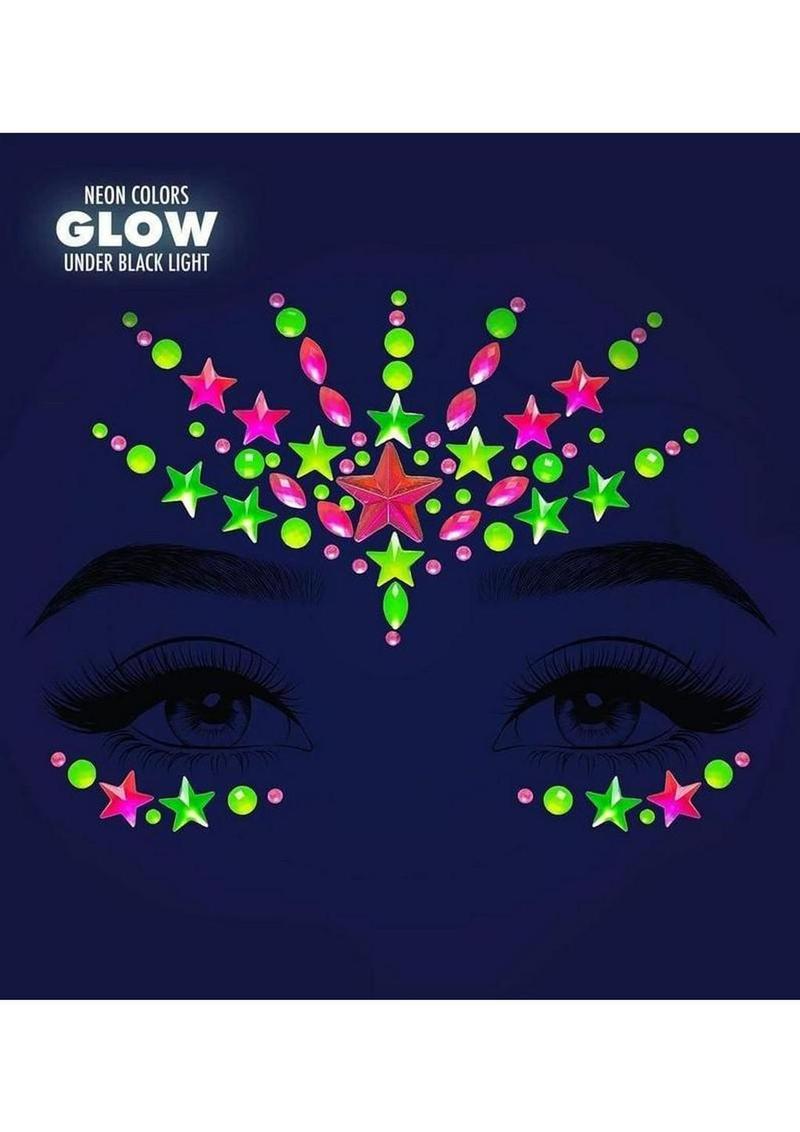 Leg Avenue Vibe Neon Black Light Face Jewels Stickers and Body Glitter (2 Packets) - Multicolor