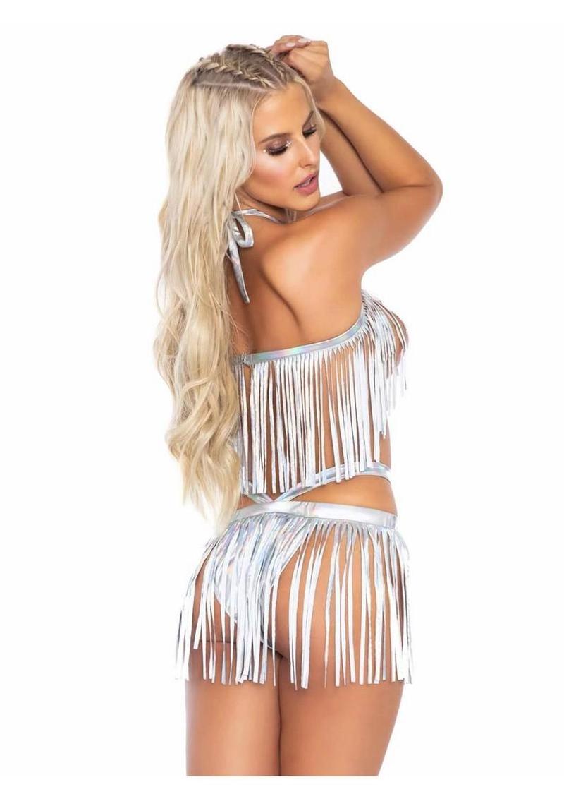 Leg Avenue Fringe Halter Top and Matching Bikini Bottoms (2 Piece) - Silver - Small/Medium