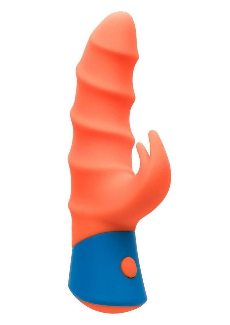 Rave Tickler Rechargeable Silicone Vibrator with Clitoral Stimulator - Orange/Blue