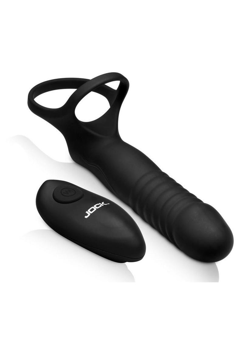 Jock Double Thrust Thrusting and Vibrating Double Penetration Rechargeable Silicone Cock Ring w/ Remote - Black